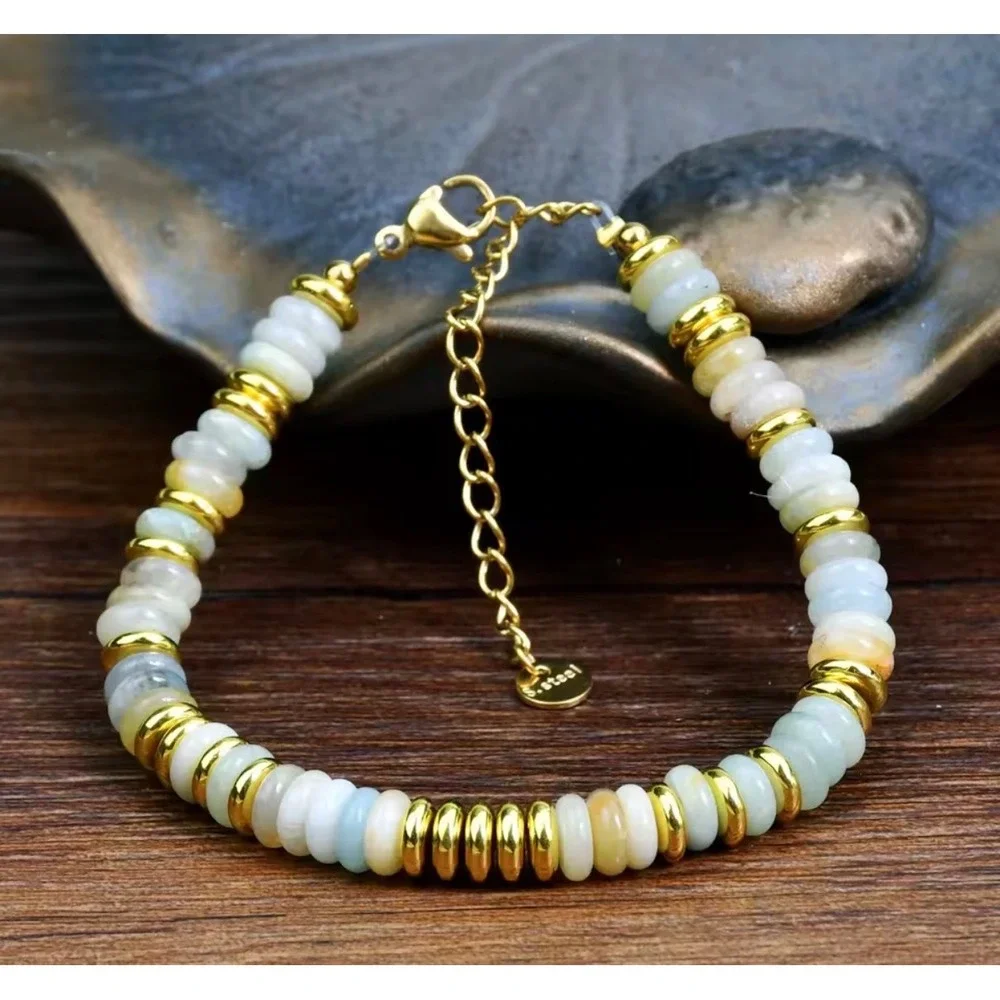 Gold Stainless Steel Beaded Rondelle Stone Bracelet Adjustable Boho Cream Blue